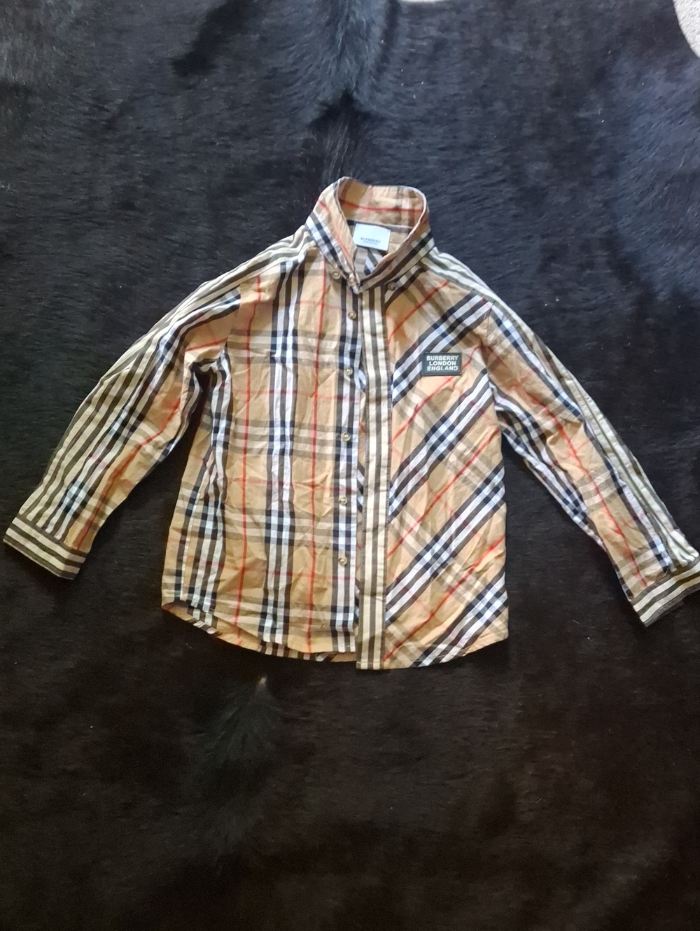 Burberry Kids Plaid Button-Down Shirt in Tan, Black & Red
